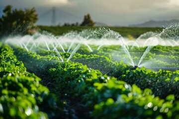 Rows of lettuce are being watered by an automated irrigation system in an agricultural field