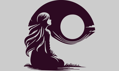 This vector illustration shows the silhouette of a woman on the beach, looking up at the full moon in awe. The soft moonlight shone on his face, creating a calm and peaceful atmosphere