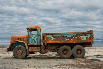 Obraz premium Old rusty abandoned dump truck sits on a dirt road under a cloudy sky