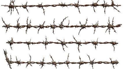 A series of rusty barbed wire strands, showcasing their sharp points and twisted structure.