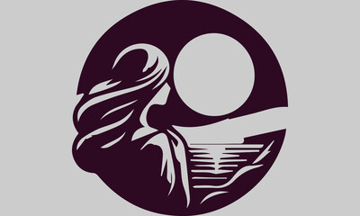 This vector illustration shows the silhouette of a woman on the beach, looking up at the full moon in awe. The soft moonlight shone on his face, creating a calm and peaceful atmosphere