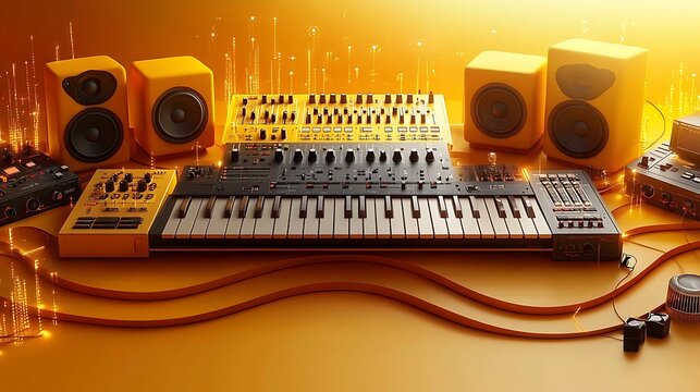 An artistic display of a digital music studio setup, showcasing MIDI controllers, audio interfaces, and mixing boards positioned in a flowing wave pattern against a pastel coral background.