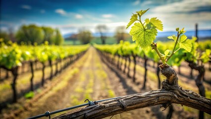 Grape vine sprout bud on branch in vineyard panoramic view