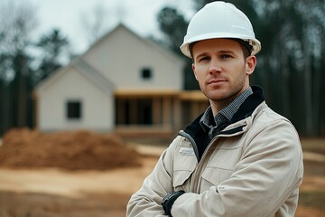 Construction Worker Standing in Front of a New Home