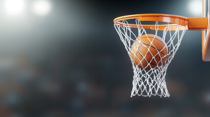 Tight shot of a basketball swishing through a hoop, capturing the dynamic movement of the net, 3D illustration