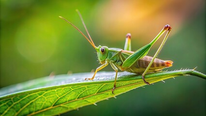 Fototapeta premium Grasshopper on a green leaf with blurred background silhouette