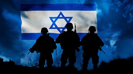 Silhouette of soldiers in front of an Israeli flag, symbolizing military presence and national identity.