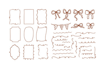 Set of ribbon, bow and frame doodle isolated on white background. Vintage wedding line art drawing sketch. Birthday gift border retro graphic. Abstract party cute tie. Vector outline illustration