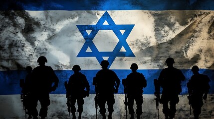 Silhouettes of soldiers against the Israeli flag, symbolizing military presence and national identity.