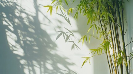 vibrant bamboo leaves and the shadows against white wall under the sun's light, with empty space for copy on the left side of the frame