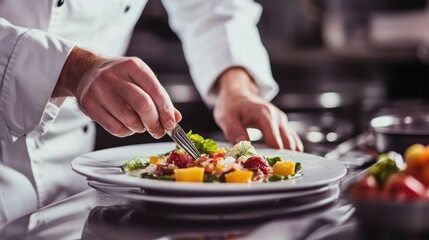 Close-up of a Chef's Hand Arranging a Fruit Salad with a Fork