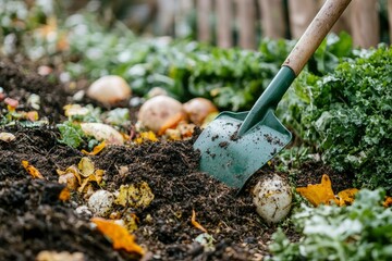 A Green Shovel Buried in a Compost Pile
