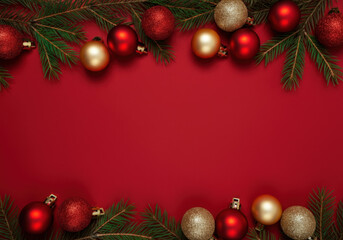 Festive christmas ornament frame border on a red background, creating a cheerful holiday mood
