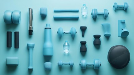 Blue Fitness Equipment and Water Bottles on a Light Blue Background