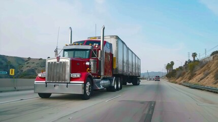 Fototapeta premium Red semi-truck driving on a highway in a rural area. Concept of transportation, logistics, and long-distance freight.