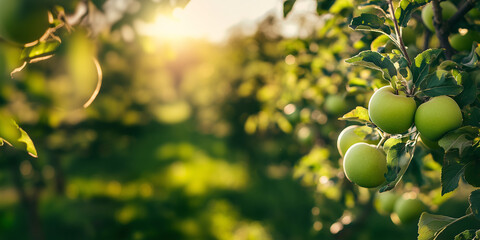 Green Apples Growing on Tree Branch in Sunlit Orchard