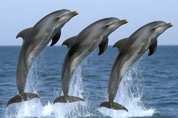 Fototapeta premium Three dolphins leap from the water in a synchronized jump, their bodies arcing gracefully against a blue sky.
