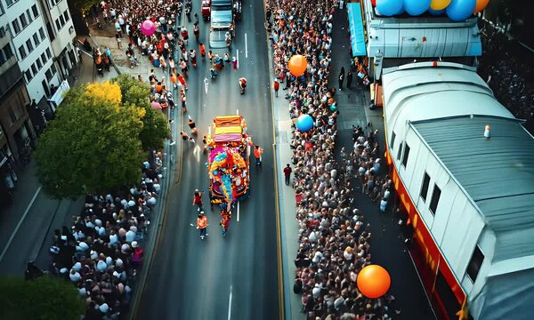 A vibrant parade with colorful floats and crowds celebrating in a lively street scene.