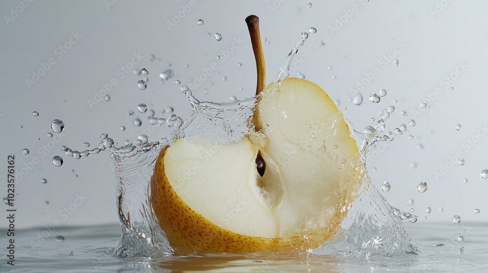 Poster a pear half splashing into water with droplets