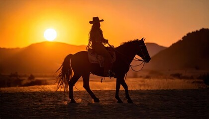 Cowboy silhouette on horseback in desert at sunrise 