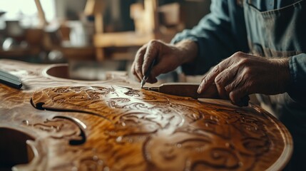 Elderly Craftsman Carving Intricate Patterns into a Wooden Instrument