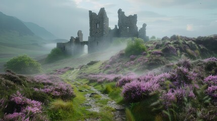 Fototapeta premium Majestic Scottish Castle Ruin Enchanting Misty Trail Through Heather Fields