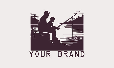 This vector illustration shows the silhouette of a father and son enjoying fishing by the lake at sunset. create a calm and peaceful atmosphere. This illustration is perfect for use as a design