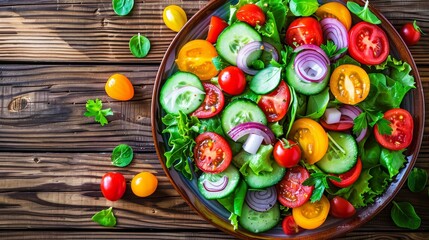 Vibrant and fresh salad showcased delightfully on a rustic wooden table for a colorful meal