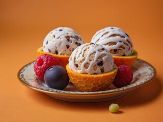Exotic fruits ice cream balls in nice plate on orange background. Fruity ice cream balls on orange backdrop