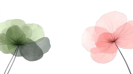 Soft, translucent flowers in green and pink against a white background.