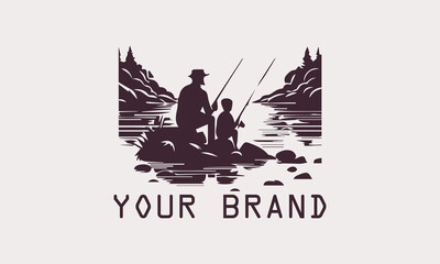 This vector illustration shows the silhouette of a father and son enjoying fishing by the lake at sunset. create a calm and peaceful atmosphere. This illustration is perfect for use as a design