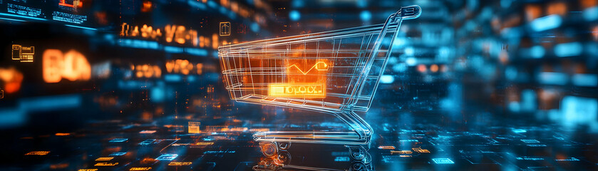 Holographic Shopping Cart Filled with Glowing Discounts: Futuristic Smart Shopping Concept Featuring Price Reduction Tags in Space