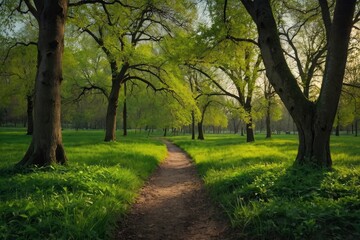 Green park landscape showing deciduous trees with fresh green foliage at springtime and sunny day in panoramic view. Sunny spring day in the verdant park