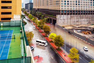 Dubai. Heavy Rain and Flooded Street in UAE. Top view. horizontal