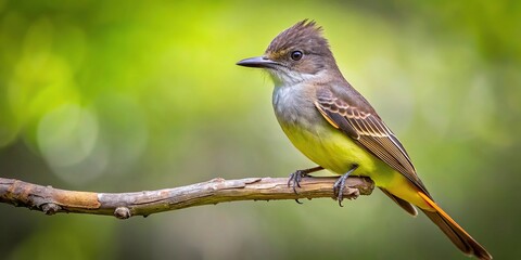 Great crested flycatcher perched on branch aerial view