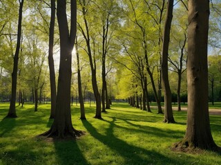 Green park landscape showing deciduous trees with fresh green foliage at springtime and sunny day in panoramic view. Verdant park panorama on a sunny spring day