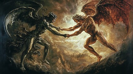 Fototapeta premium A dramatic depiction of a struggle between two powerful beings, symbolizing conflict and duality.