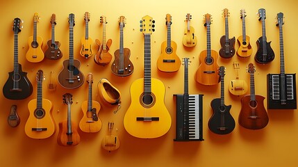 Fototapeta premium An elegant depiction of modern acoustic instruments, including classical guitars, cajóns, and keyboards, arranged in a spiral formation on a pastel ivory background with soft lighting.