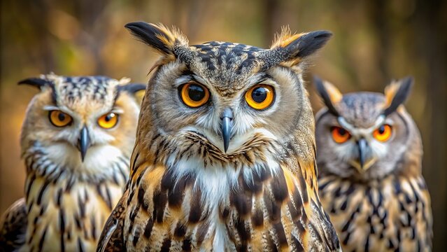 Great horned owl and Eurasian eagle owl perched on a textured wall background