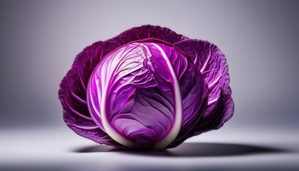 Obraz premium Close-Up of a Vibrant Purple Cabbage with Glossy Textured Leaves in Studio Lighting Against a Neutral Background