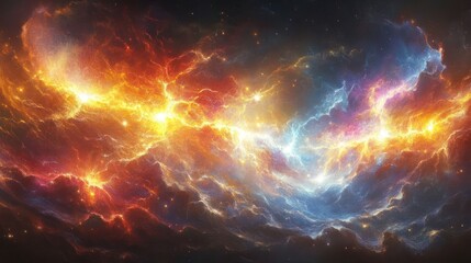 Fototapeta premium A vibrant cosmic scene depicting swirling clouds of gas and stars in a nebula.