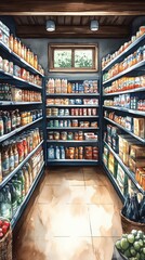 Fototapeta premium Supermarket with fully stocked shelves, blank space for text, supply, product availability
