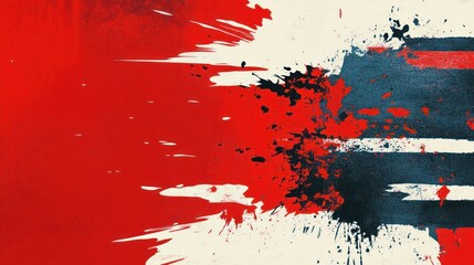 Abstract artwork featuring bold red, black, and white splashes and strokes.