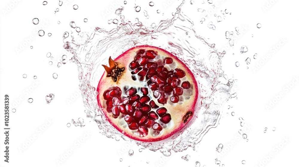 Poster pomegranate half submerged in water with splash and bubbles