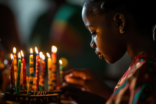 Young girl is lighting candles on a kinara during a kwanzaa celebration, symbolizing the principles of this important cultural holiday