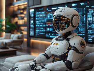 Fototapeta premium robotic systems collaborating in a sleek, modern living room, multiple screens displaying data in real-time, showcasing the integration of technology in everyday life with a futuristic ambiance