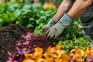 Close-up of a gloved hand tending to a variety of leafy greens in a garden bed