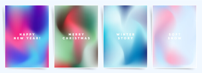 Set of Winter Christmas Posters. Happy New Year Holidays Banner Templates Design. Promotion Sale and Greeting Card Backgrounds with blue green smooth gradients. 