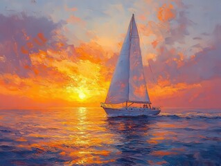 Fototapeta premium sailboat gracefully gliding across serene waters under a radiant evening sun, with a picturesque sky providing a stunning backdrop for a tranquil maritime journey