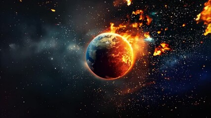 A fiery depiction of Earth engulfed in flames, set against a starry space background.
